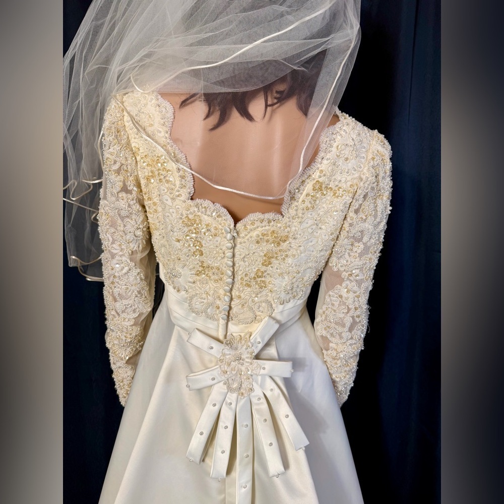 Ivory Off-Shoulder Wedding Dress with Gold Embroidery + Veil & Bouquet - Picture 8 of 16
